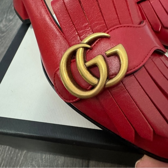 NIB Authentic Gucci Red Leather Fringe Mid-Heel Marmont Pump Size 36 - Picture 4 of 6